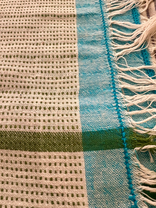 Handloomed Cotton Scarf, white & turquoise/green/grey