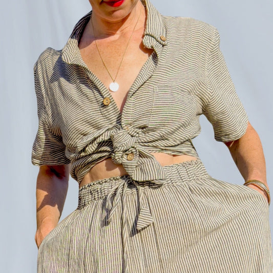 Krishna Button-Up Top, black & white pinstripes