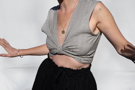 Simran Reversible Wrap Top, black & white pinstripe