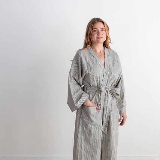 Gita Robe/ Wrap Dress, black & white pinstripes