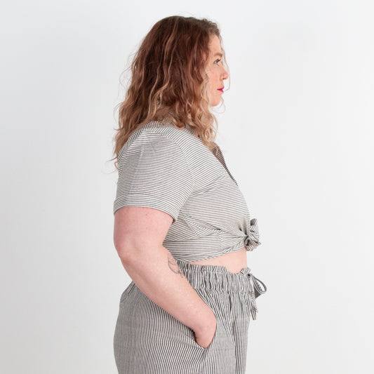 Krishna Button-Up Top, black & white pinstripes