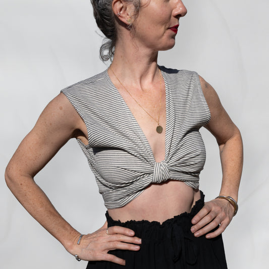 Simran Reversible Wrap Top, black & white pinstripe